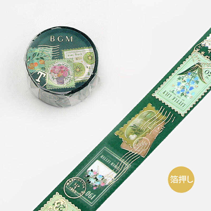 BGM washi tape featuring plant stamps on deep green background