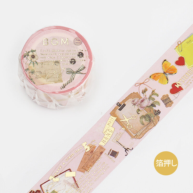 BGM washi tape featuring craft supplies on pale pink background