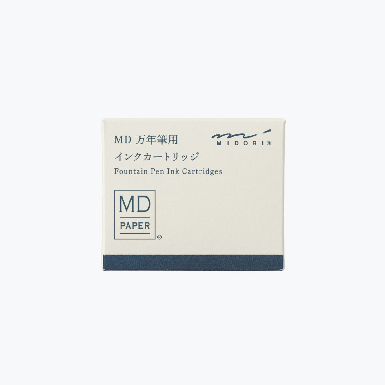 Front of the box of Midori MD fountain pen ink cartridges in blue black