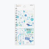 Sheet of Midori Seal Collection planner stickers featuring motifs in bright blue tones