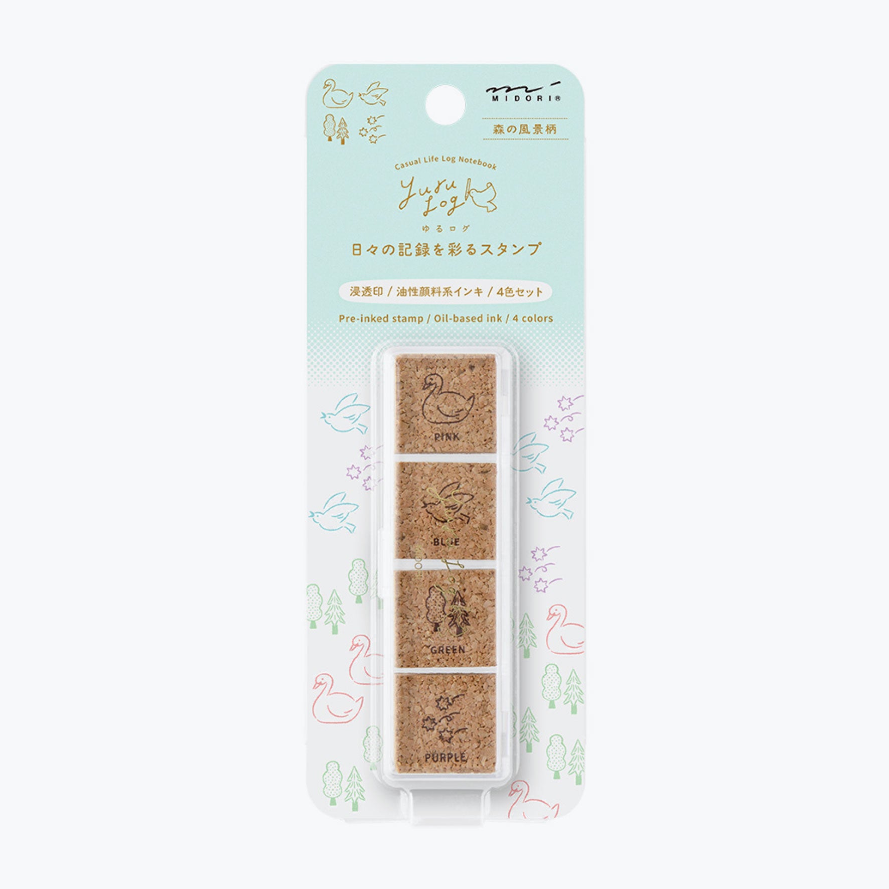 Midori Yuru Log pre-inked stamp with forest designs