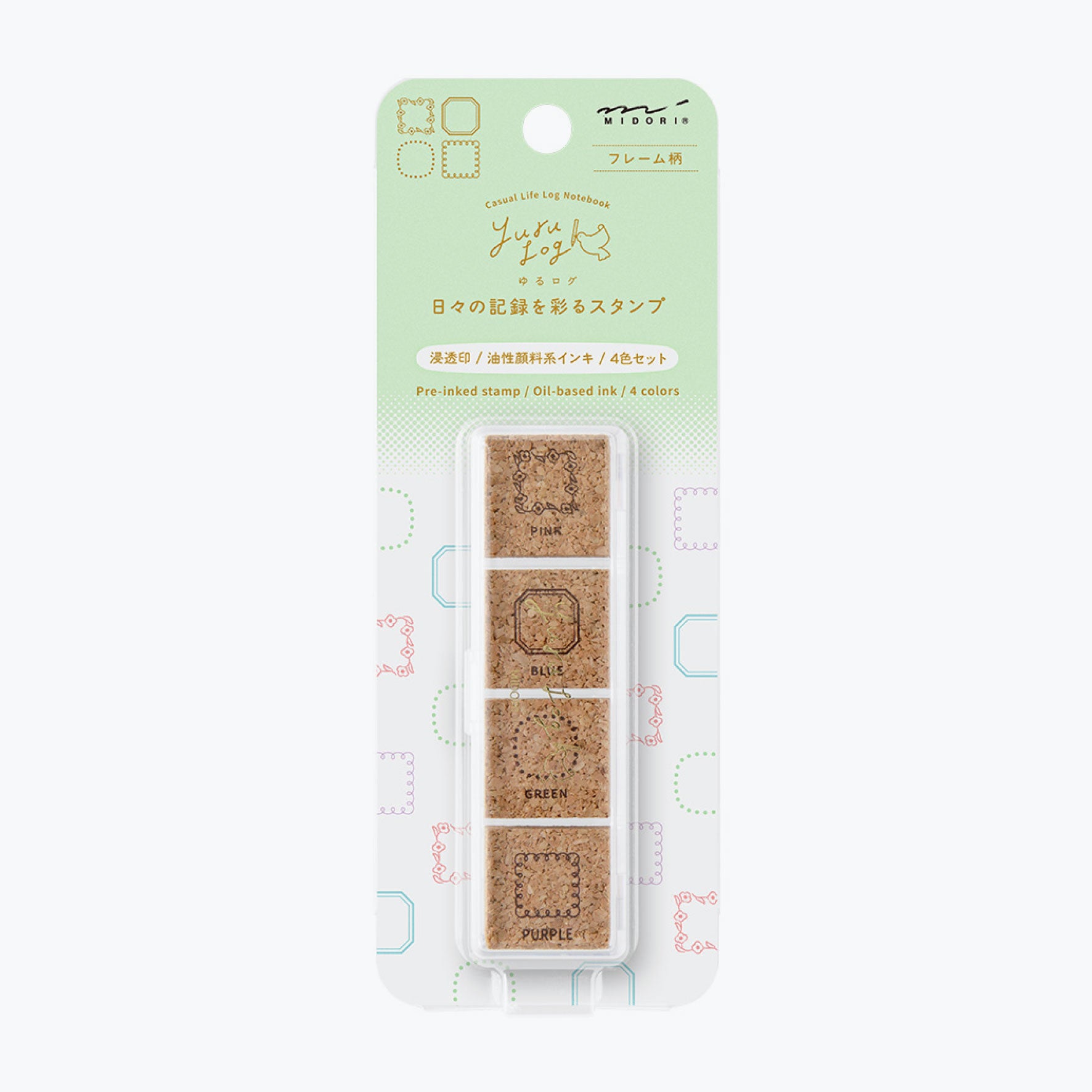 Midori Yuru Log pre-inked stamp - 4 frame designs
