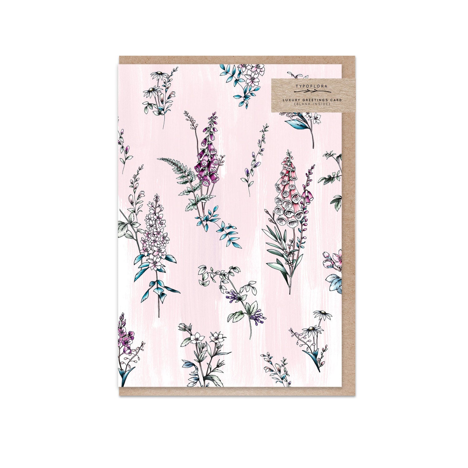 Typoflora greeting card featuring lilacs on the front