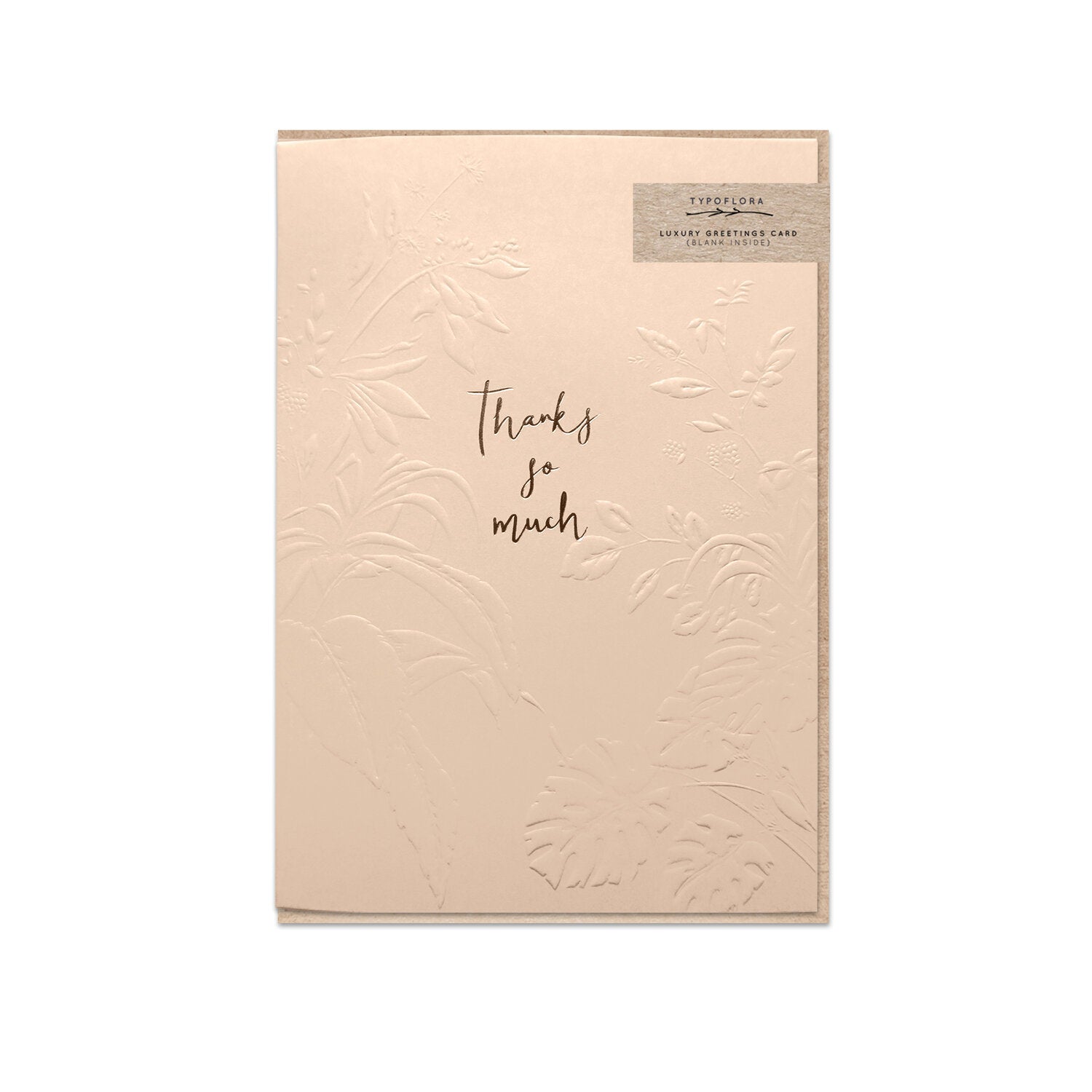 Typoflora greeting card featuring a 'thanks so much' message on a tan background, printed on the front