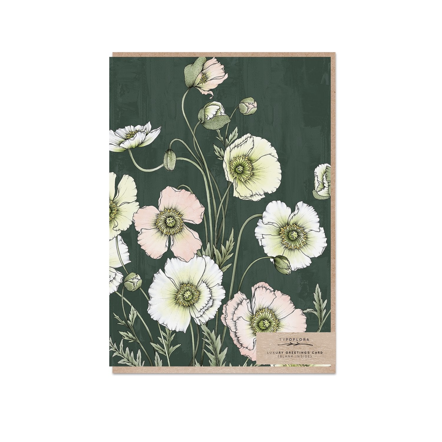 Typoflora card with white poppies on a dark green background
