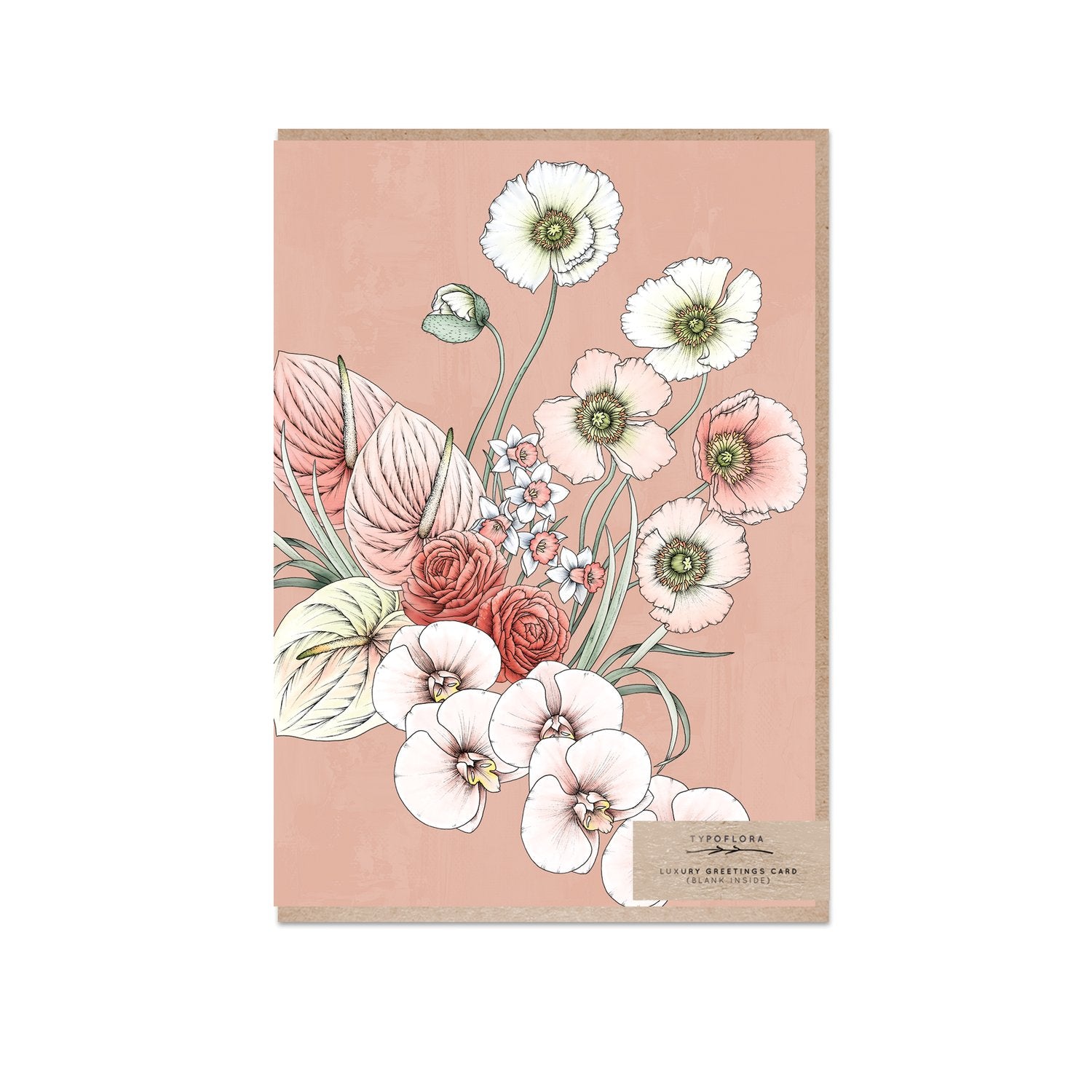 Typoflora greeting card featuring a bouquet of poppies on pale rust background