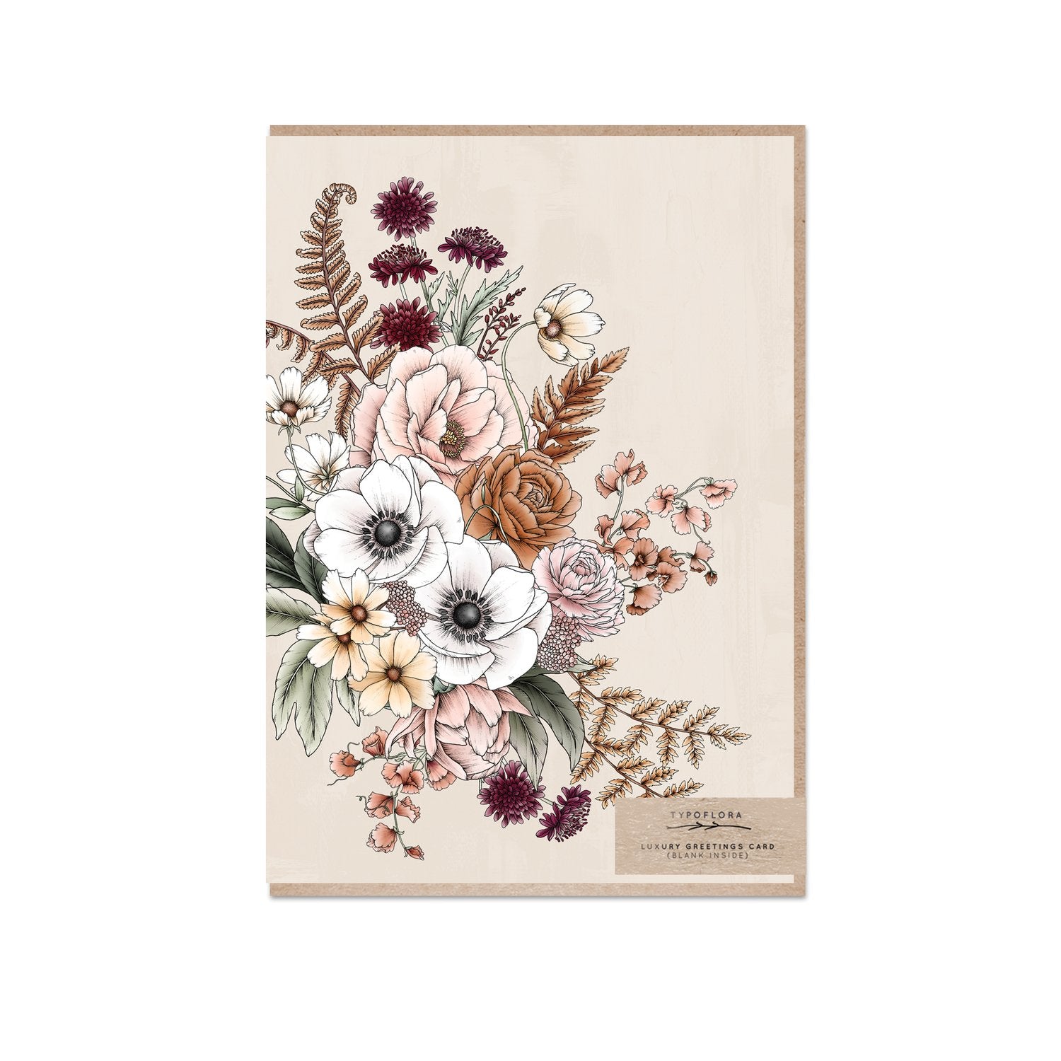 Typoflora greeting card featuring a florist bouquet on beige background