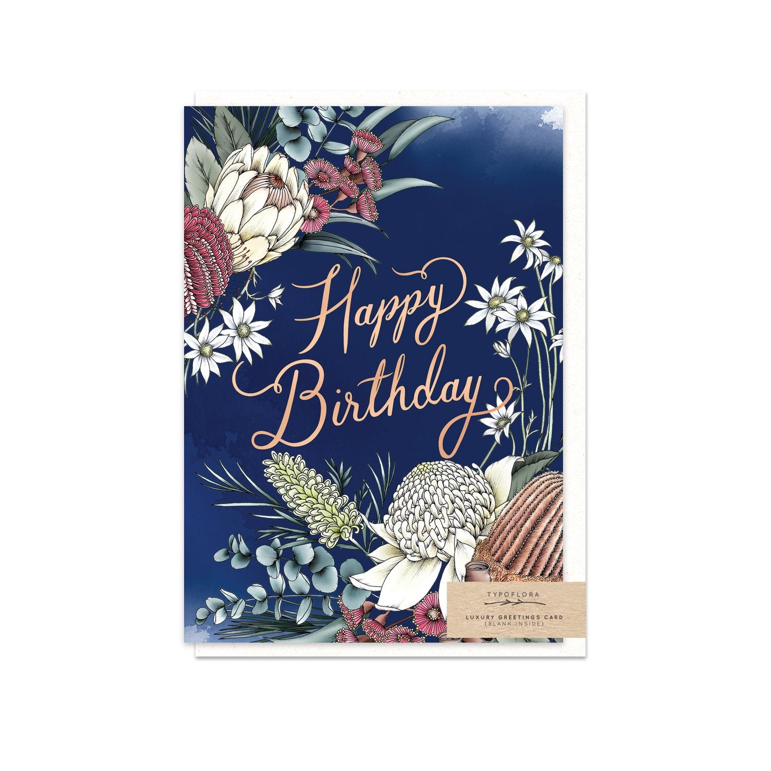 Typoflora card featuring the 'Happy birthday' message and native flowers on the front