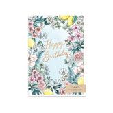 Typoflora card featuring a citrus and floral vignette and the 'Happy Birthday' message on the front