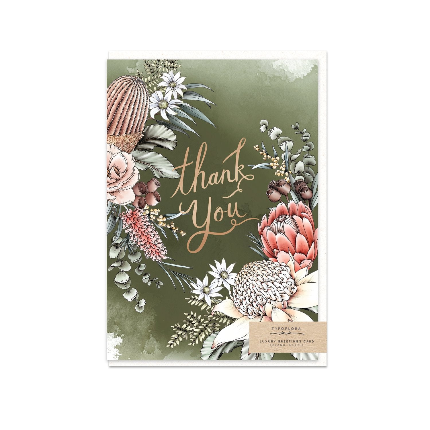 Typoflora 'Thank you' card featuring wildflowers on green background