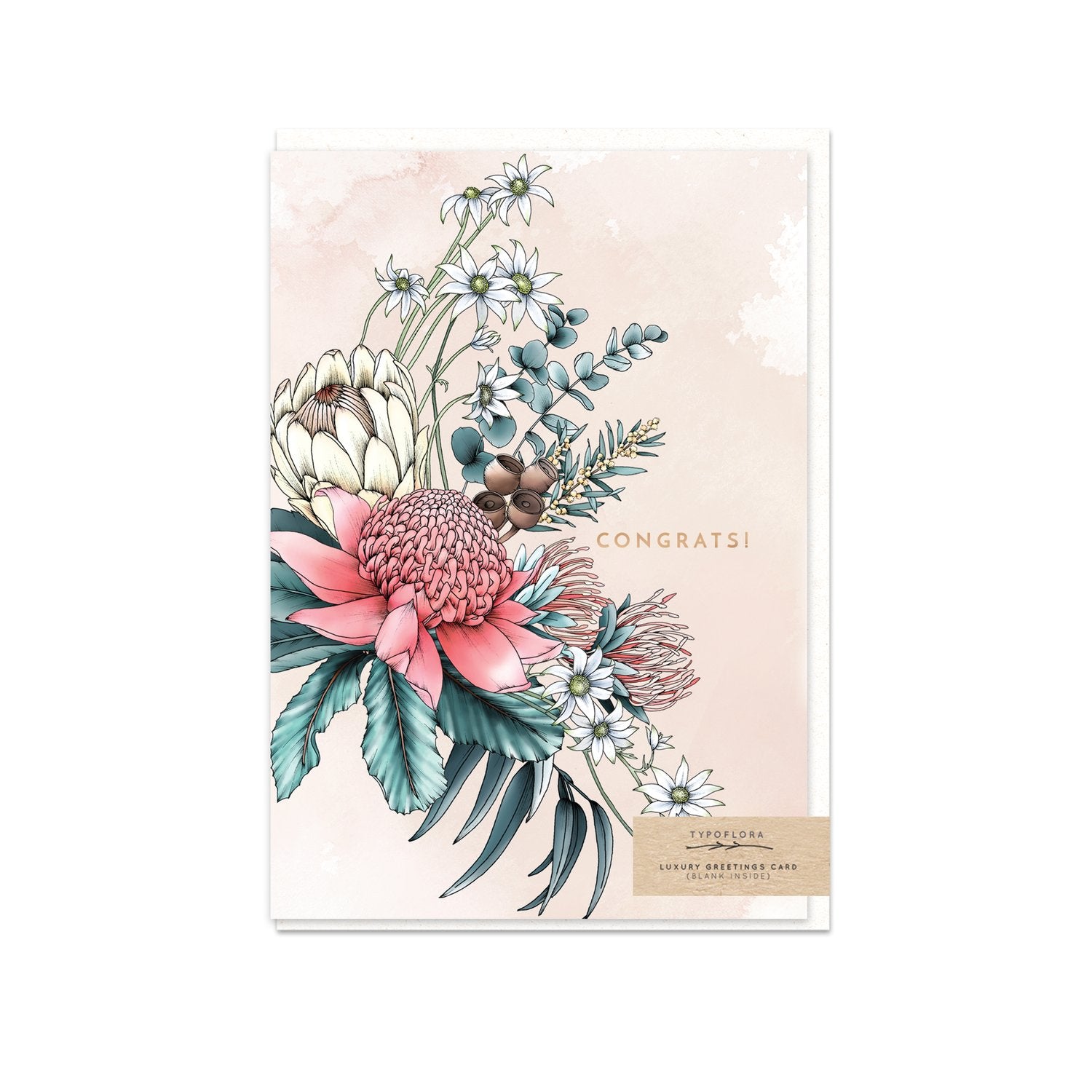 Typoflora greeting card featuring native flowers and the 'Congrats!' message on the front
