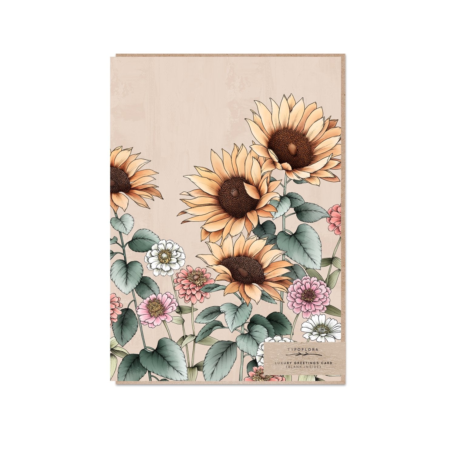 Pale peach typoflora card with sunflower design