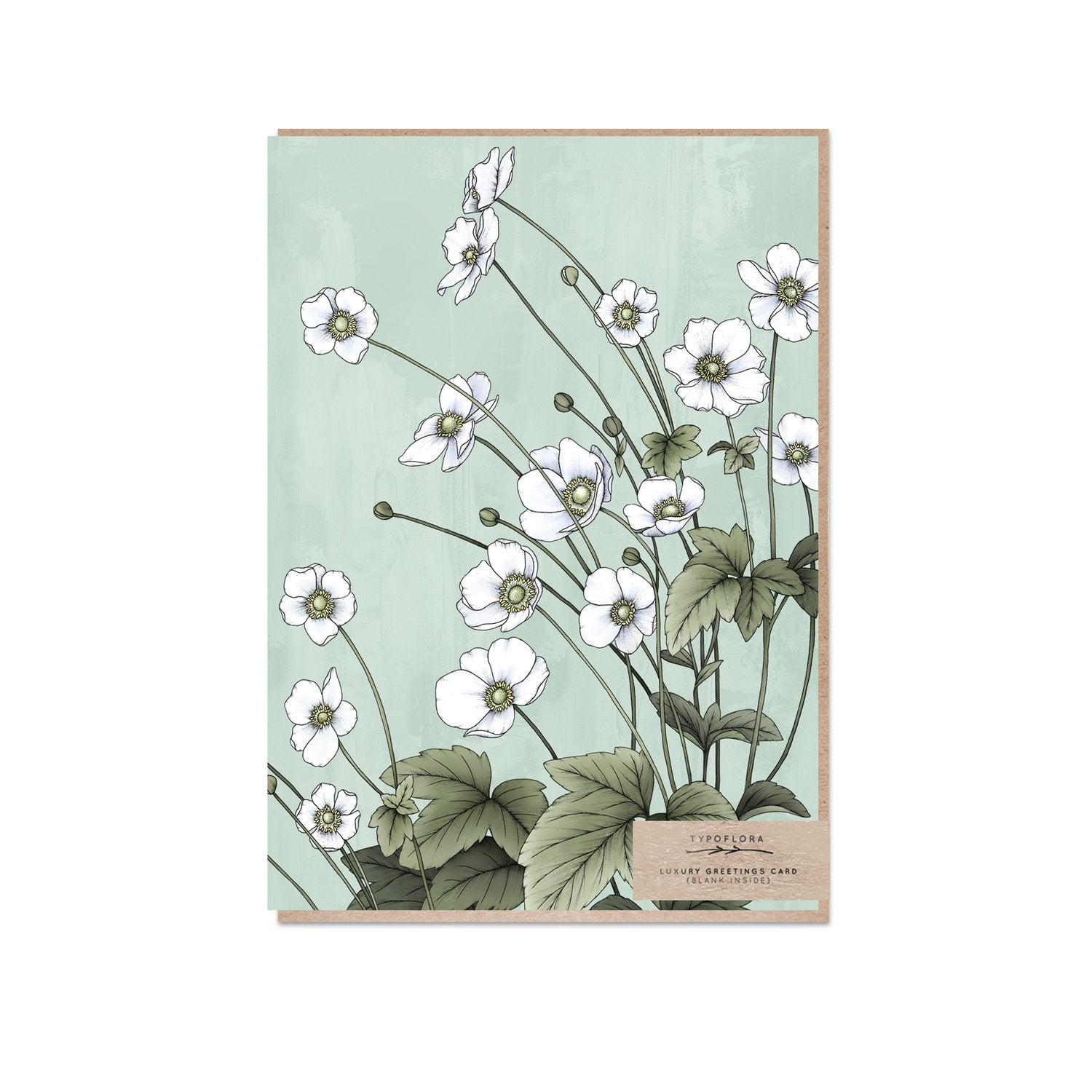 Pale green Typoflora card with Japanese anemone flowers