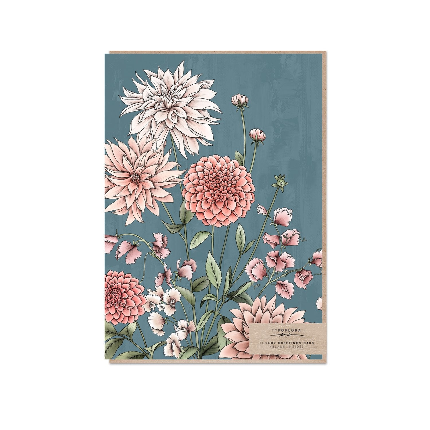 Typoflora greeting card with dahlias design printed on the front