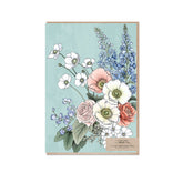 Typoflora greeting card featuring a bouquet of flowers on pale blue background
