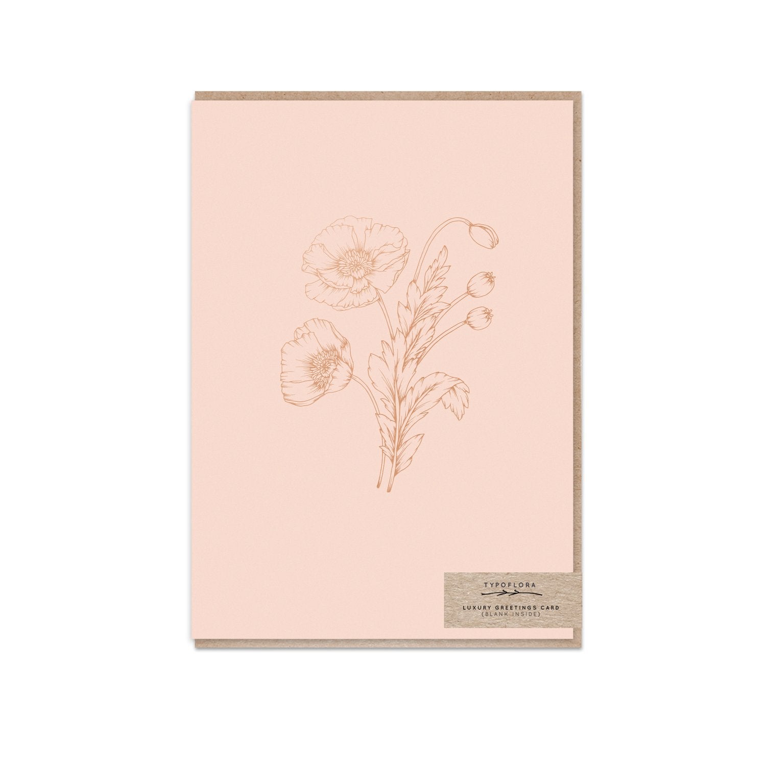Typoflora greeting card featuring a poppy outline on a blush background, printed on the front