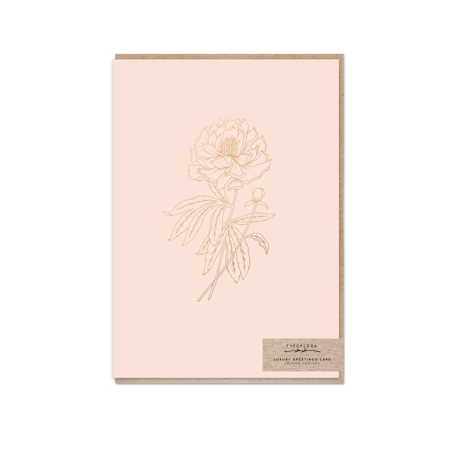 Blush colour Typoflora card with gold foling peony outline design