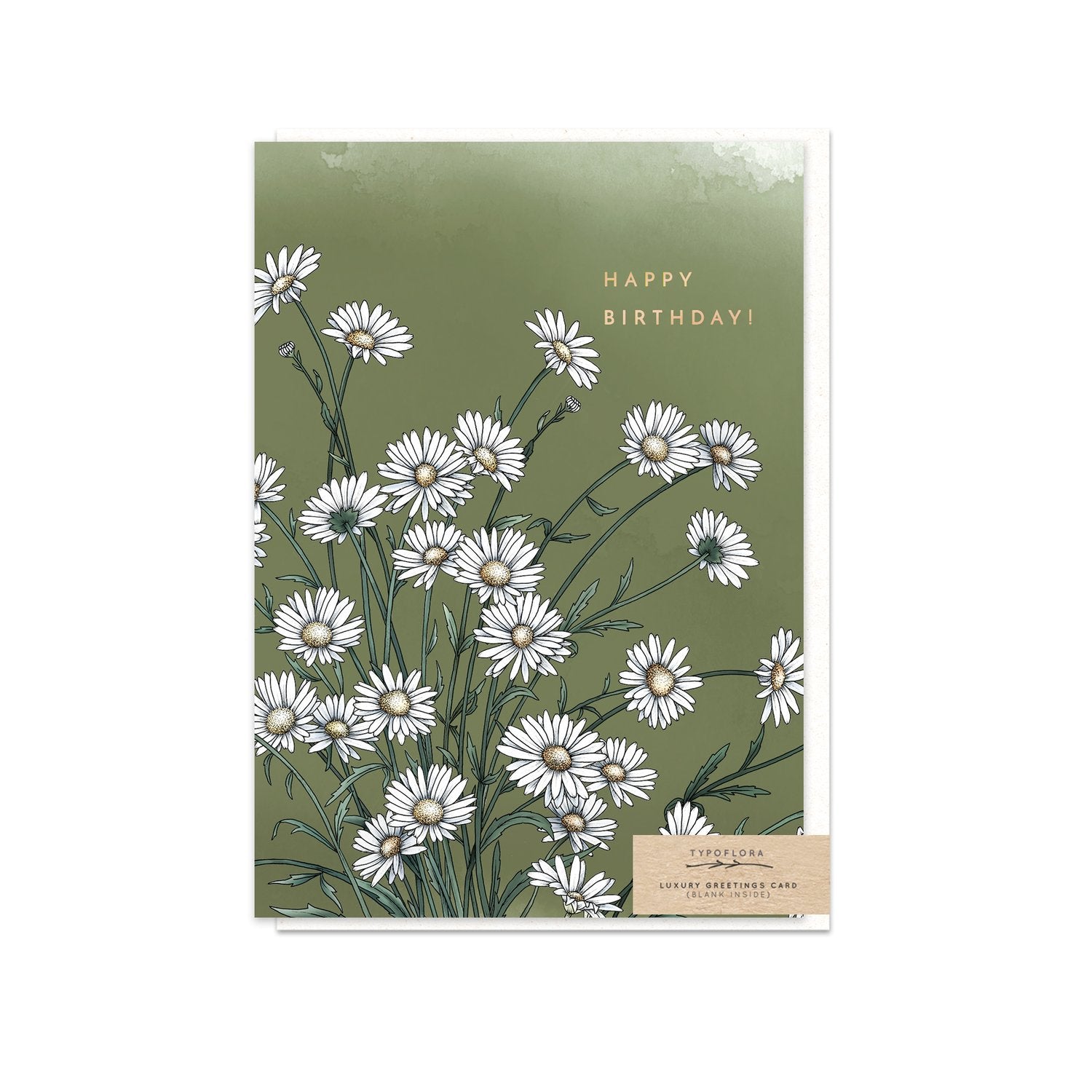 Typoflora greeting card with the 'Happy birthday!' message and daisies design on the front