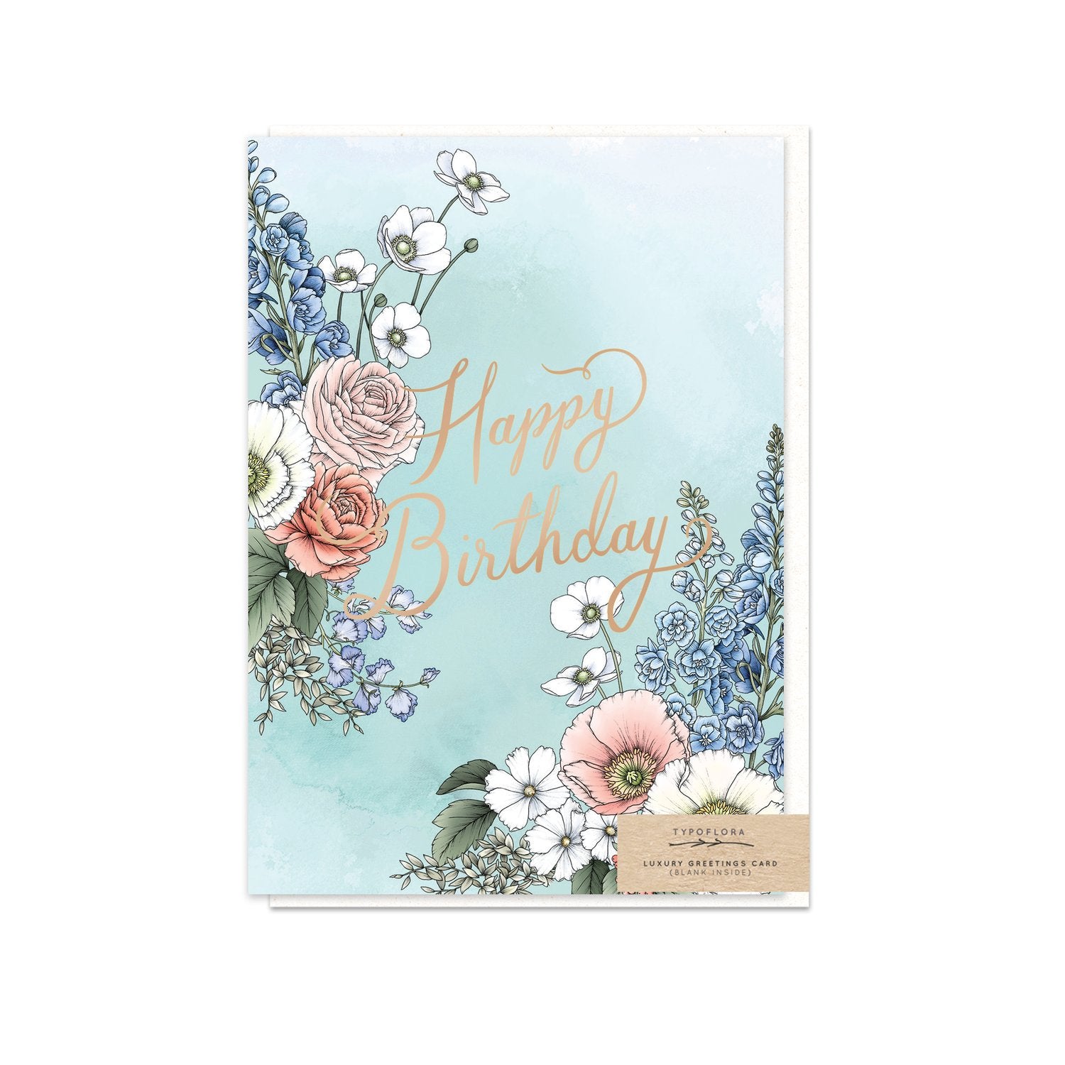 Typoflora greeting card with the 'Happy birthday' message and delphinium flowers design on the front