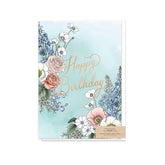 Typoflora greeting card with the 'Happy birthday' message and delphinium flowers design on the front