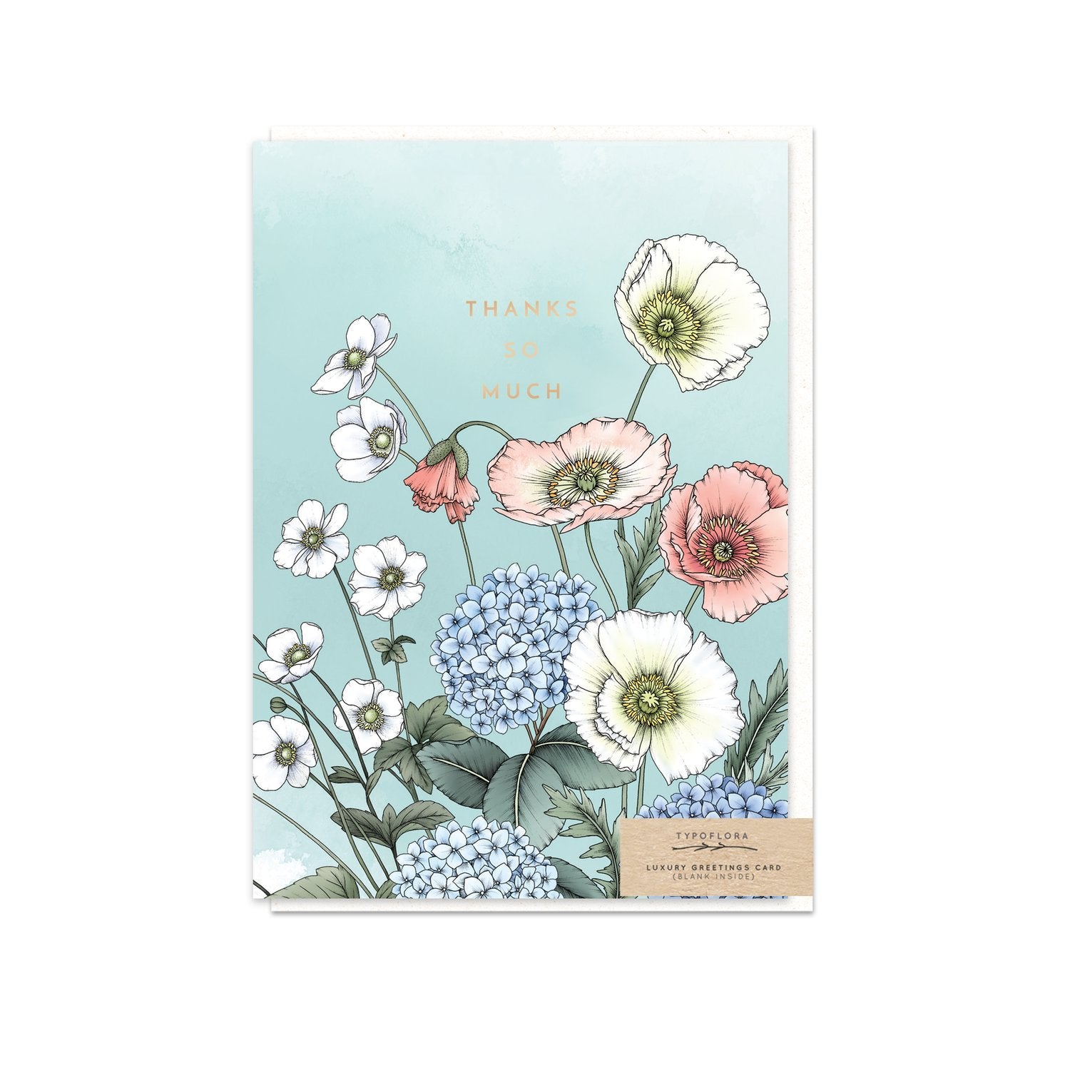 Pale blue typoflora card with flowers and a 'Thanks so much' message
