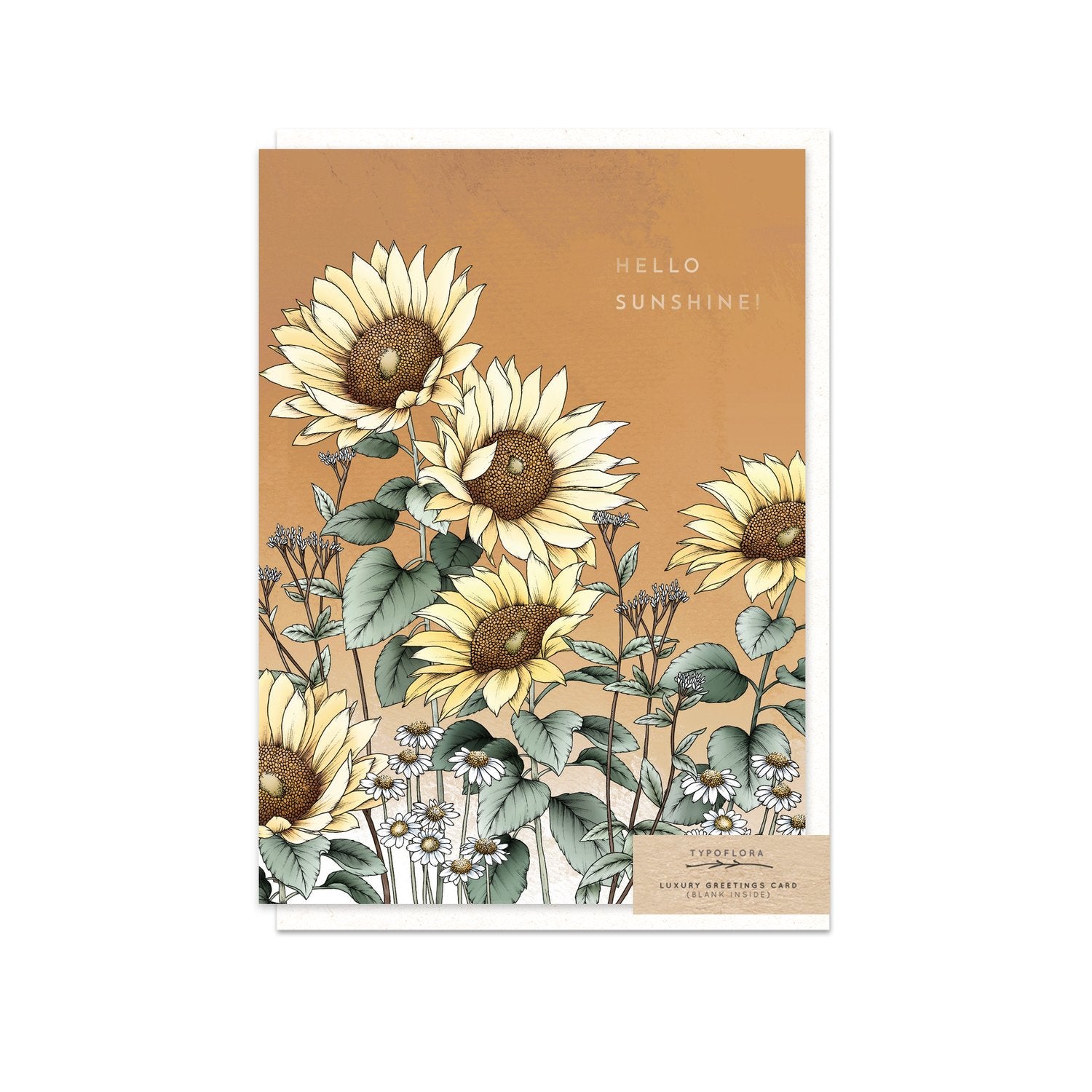 Typoflora greeting card with the message 'Hello Sunshine!' and sunflowers on the front