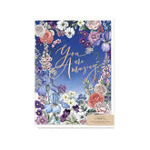 Blue Typoflora greeting card with a floral vignette and 'You are amazing' message on the front