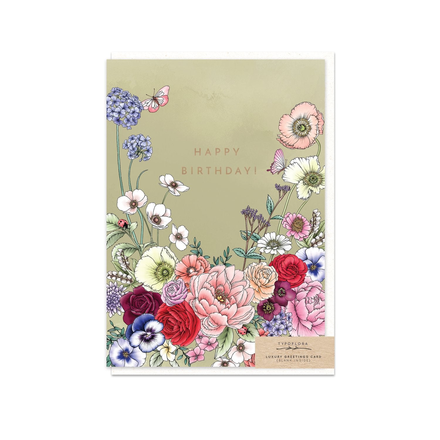 Typoflora card with 'Happy Birthday!' and garden flowers on green background