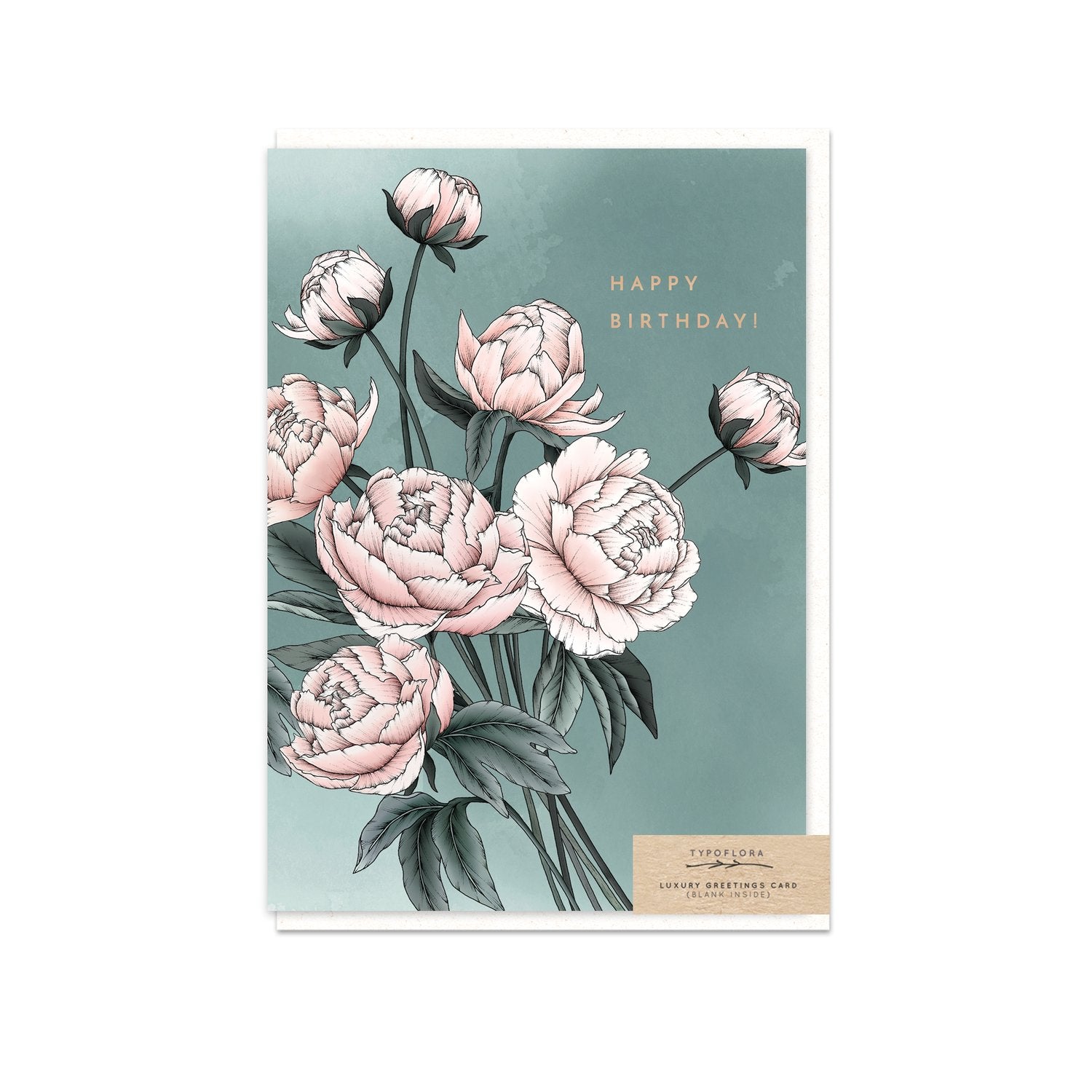 Typoflora card with peony design and 'Happy birthday!' message