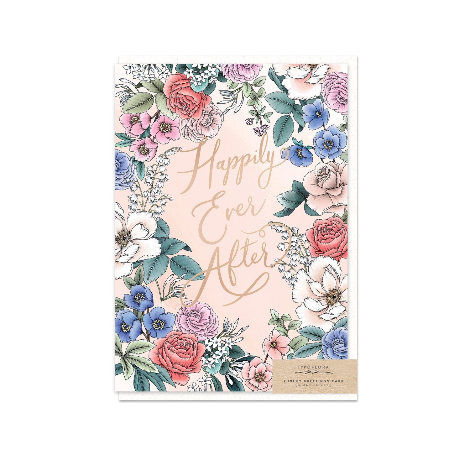 Typoflora floral greeting card with 'happily ever after' message