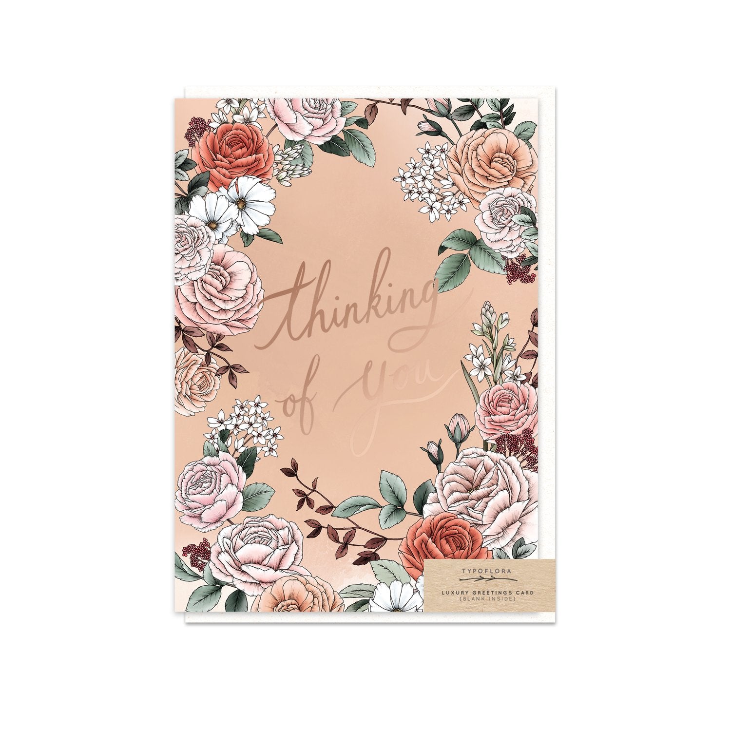 Typoflora floral greeting card with 'thinking of you' message