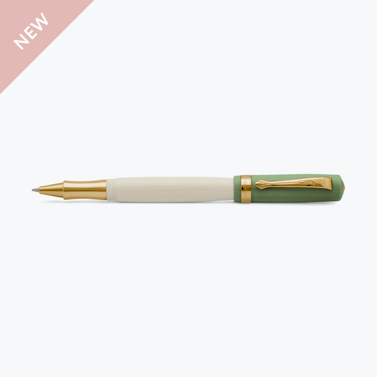 Cream barrel, green cap Kaweco Student rollerball pen, with cap posted