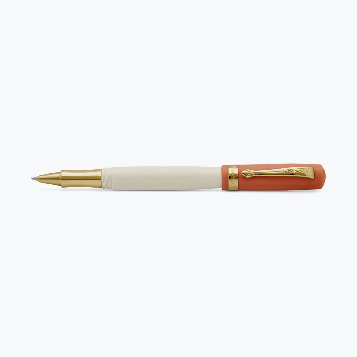 Burnt orange and cream barrel Kaweco Student rollerball pen, with cap posted