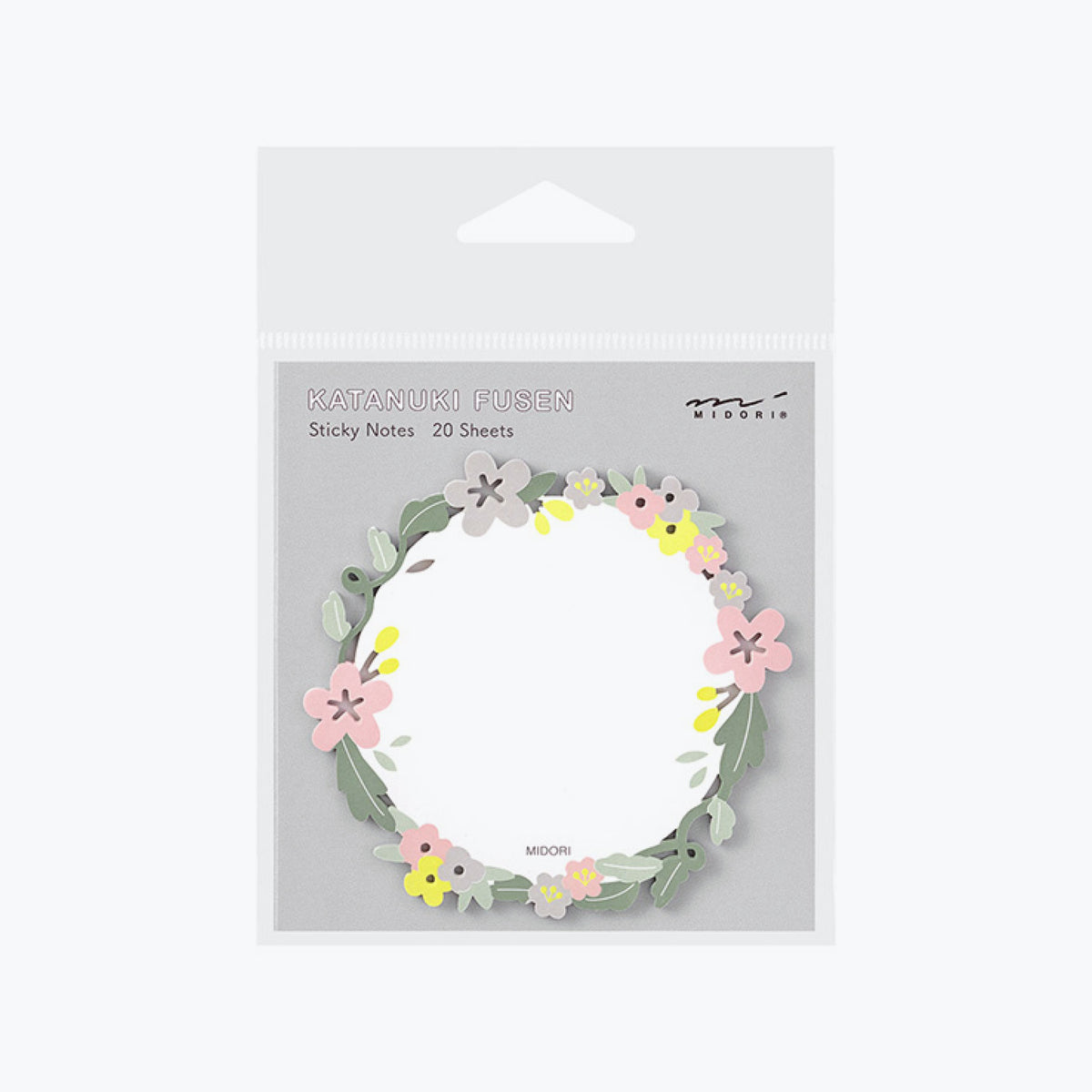 Midori sticky notes in a circular shape decorated with a die-cut floral wreath along the edge