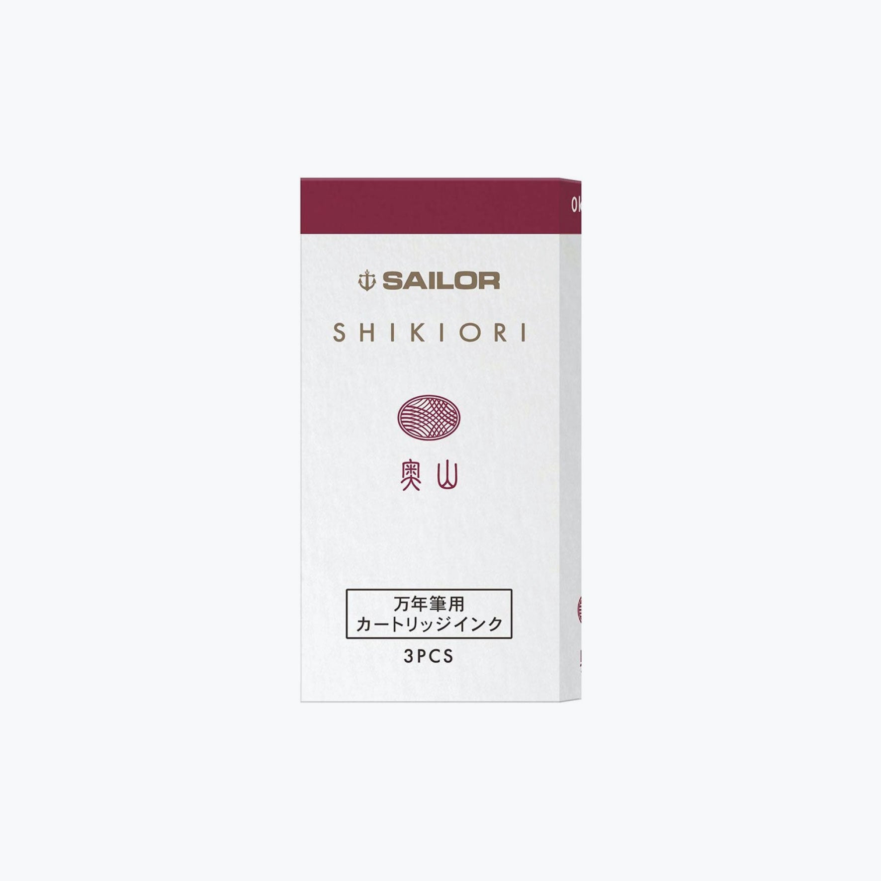 Front of the box of Sailor Shikiori Oku Yama wine red fountain pen ink cartridges