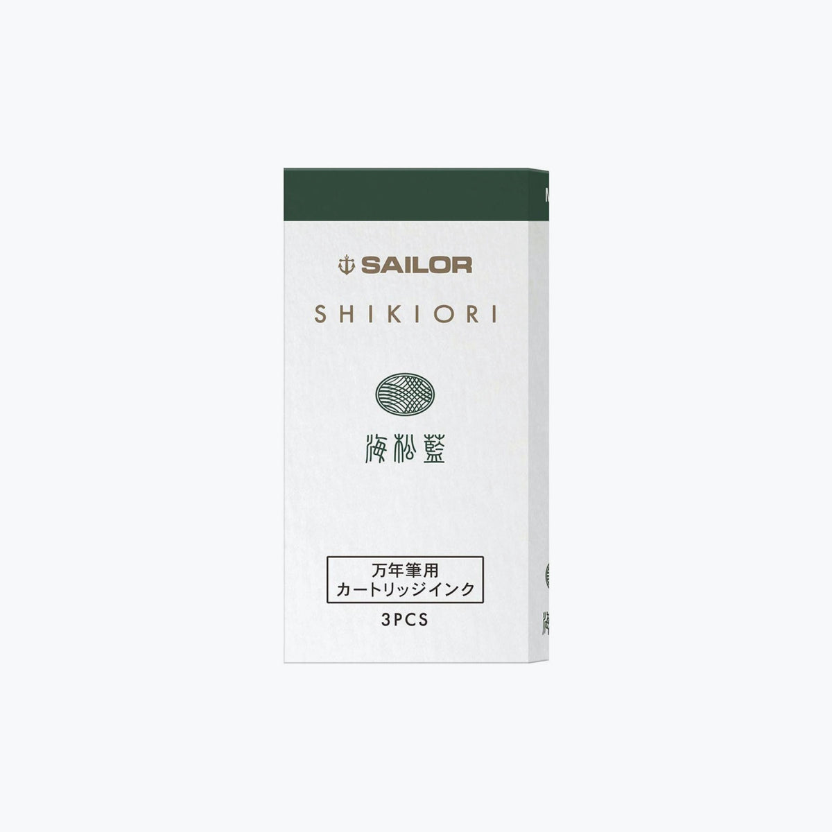 Front of the box of Sailor Shikiori Miruai deep green fountain pen ink cartridges