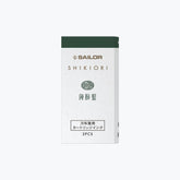 Front of the box of Sailor Shikiori Miruai deep green fountain pen ink cartridges