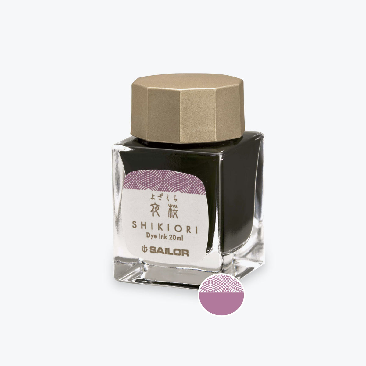 Sailor Shikiori Yozakura muted pink-purple fountain pen ink in a glass bottle