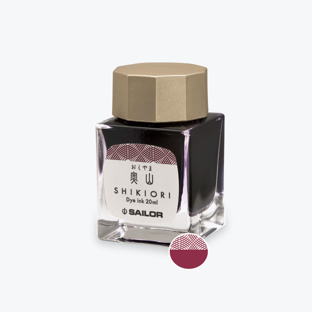 SAilor Shikiori Oku Yama burgundy red fountain pen ink in a glass bottle