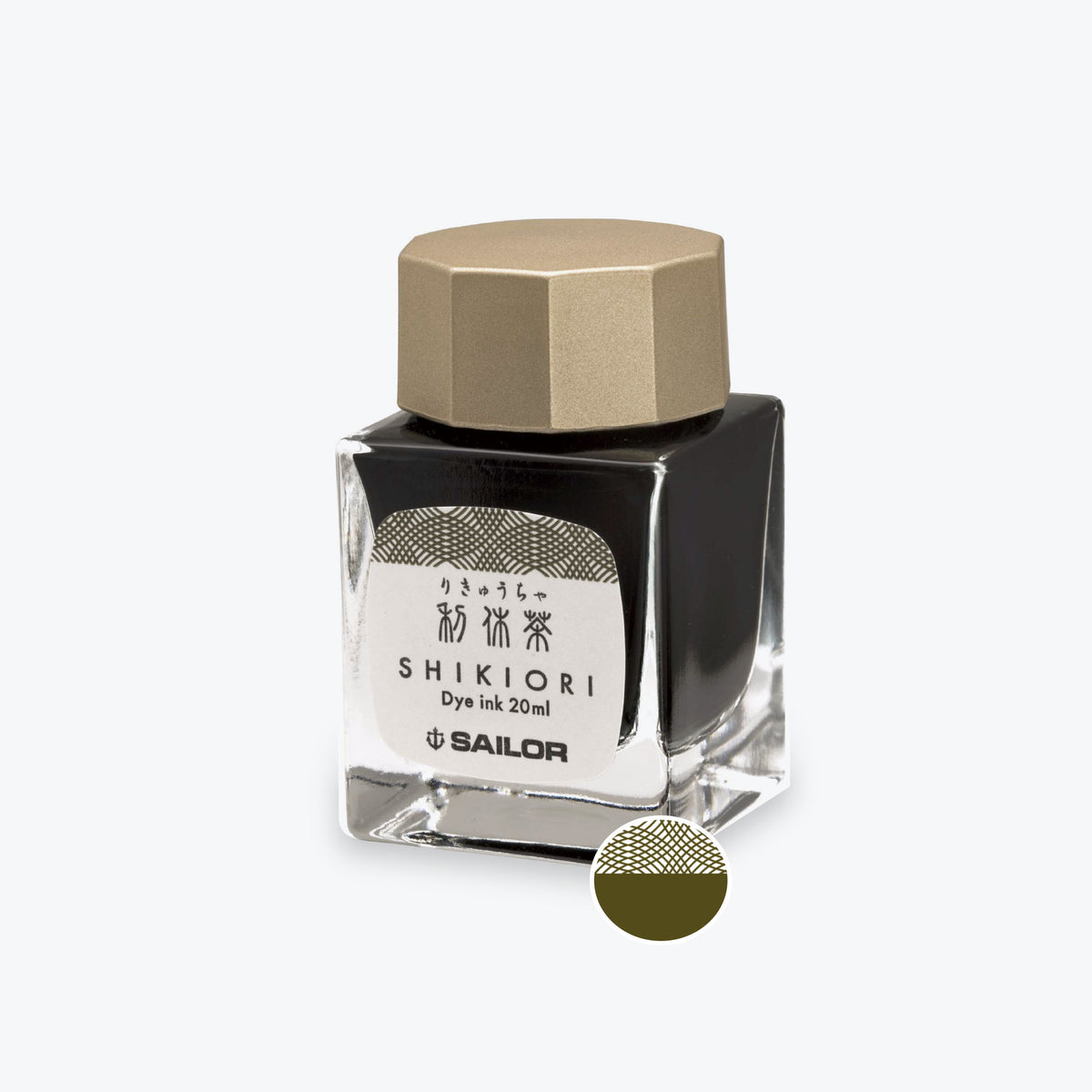 Sailor Shikiori Rikyu Cha green-brown fountain pen ink in a glass bottle