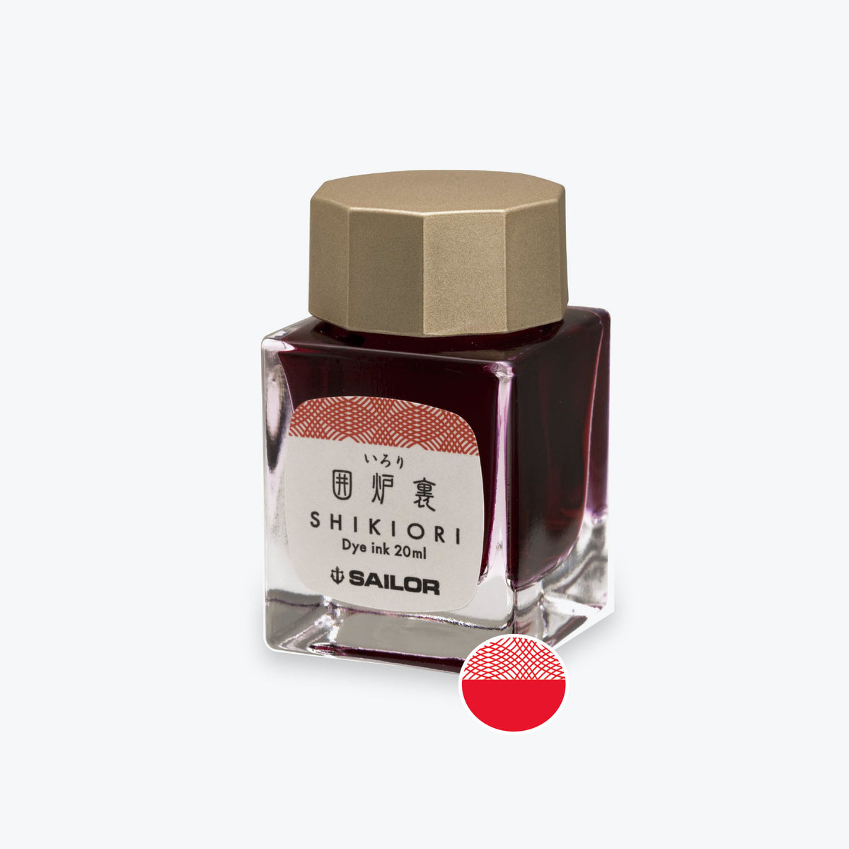 Sailor Shikiori Irori hearth red fountain pen ink in a glass bottle