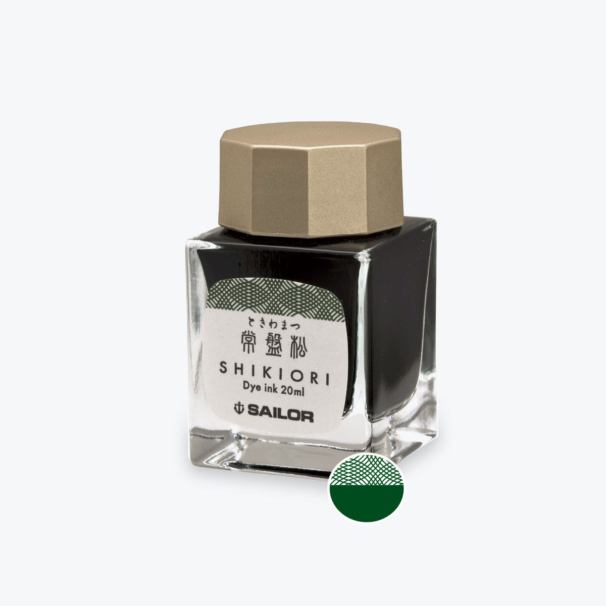 Sailor Shikiori Tokiwa Matsu medium green fountain pen ink in a glass bottle