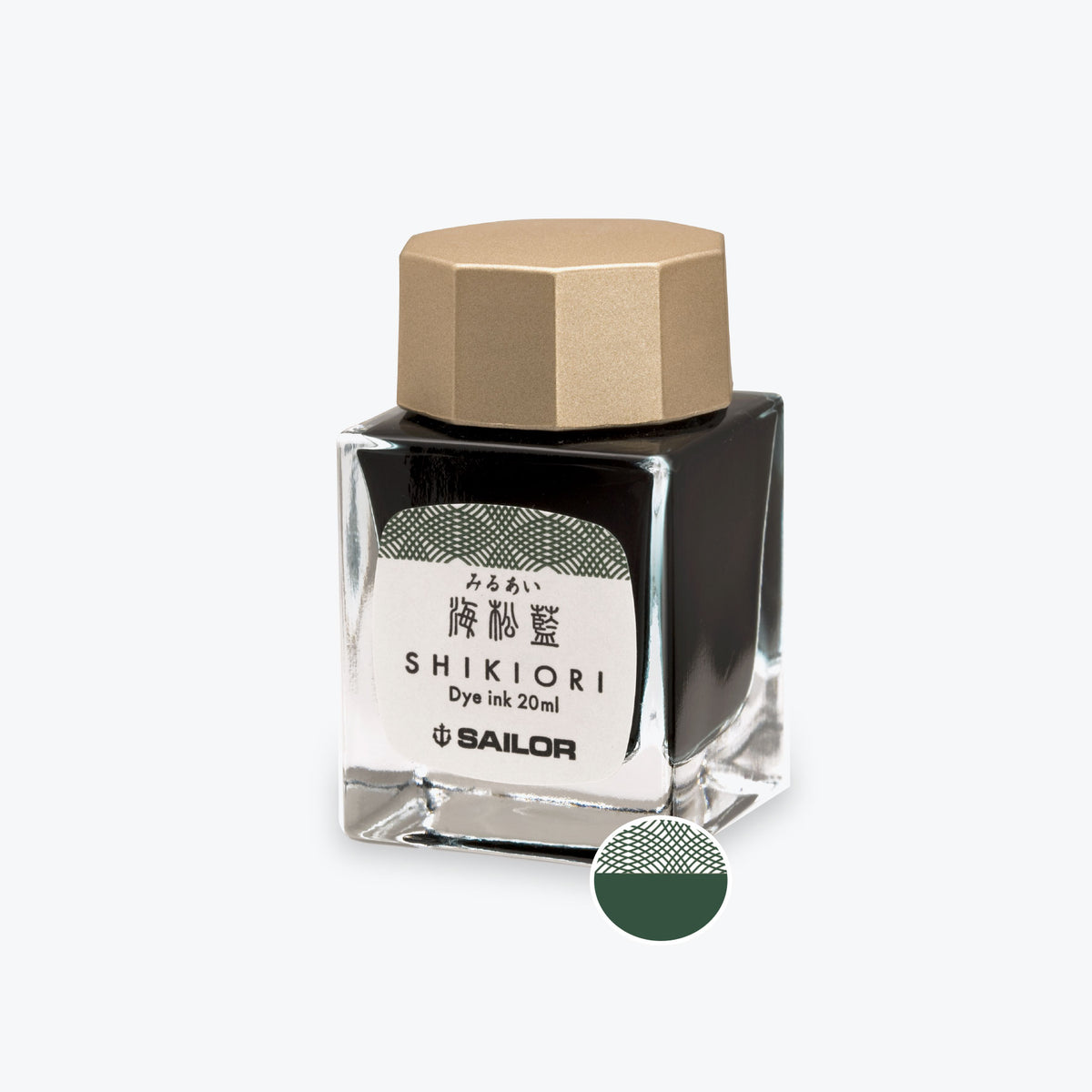 Sailor Shikiori Miruai deep green fountain pen ink in a glass bottle