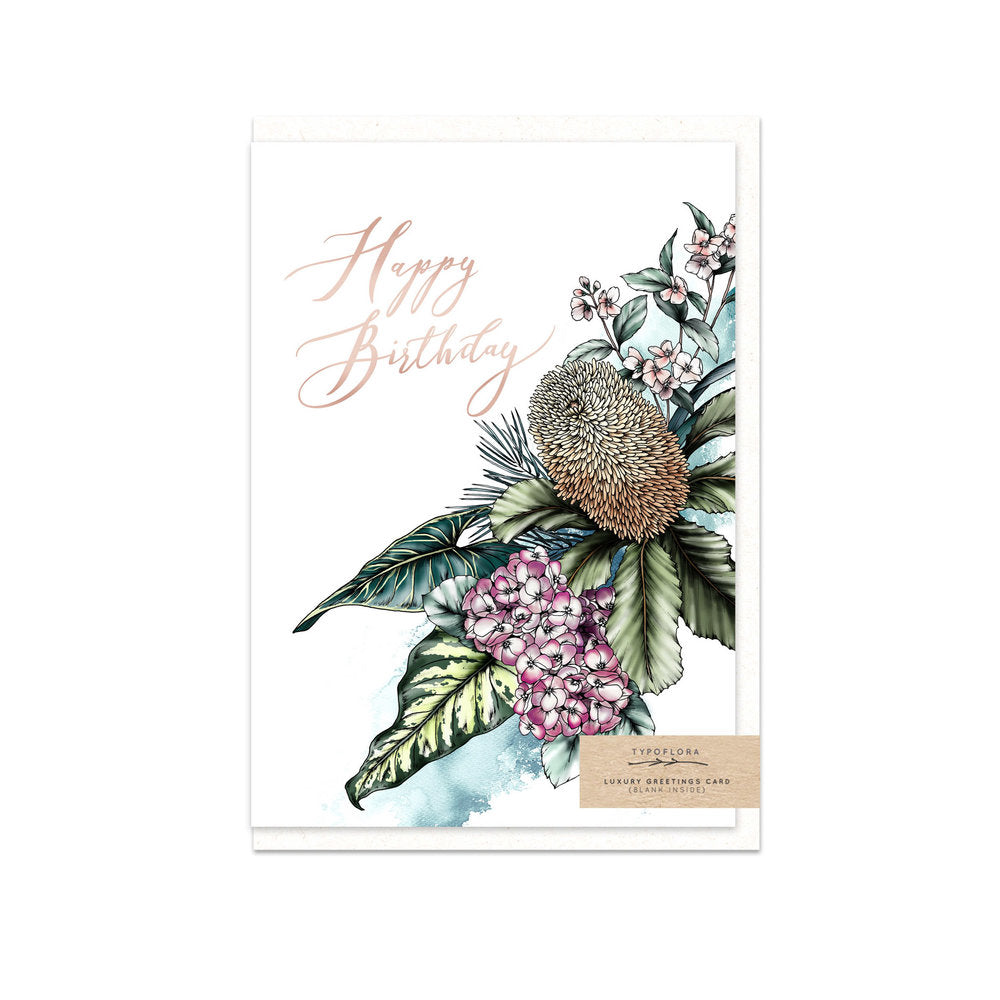 Typoflora card featuring banksia flowers and a 'Happy birthday' message on the front