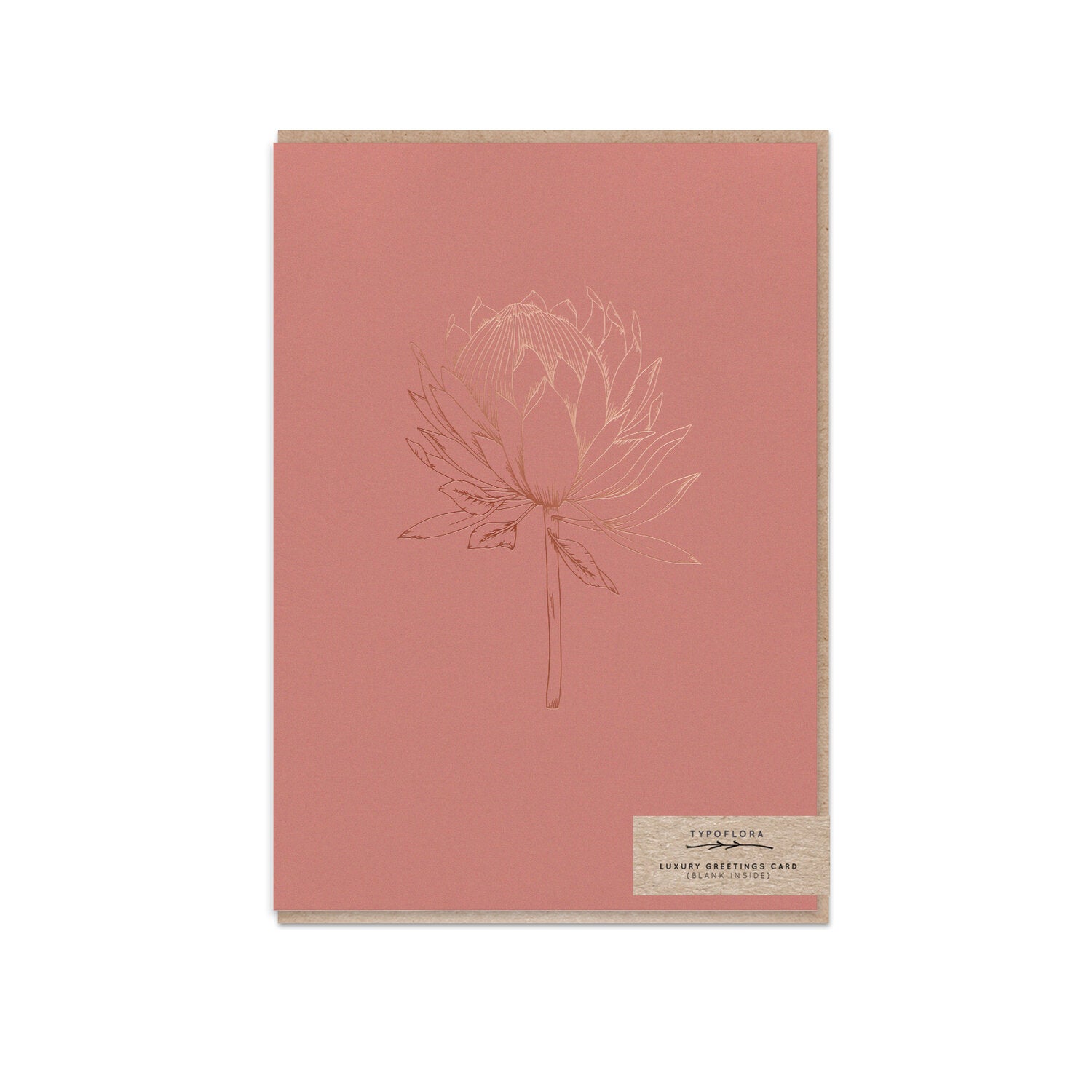 Typoflora card featuring a king protea flower design against peachy pink on the front