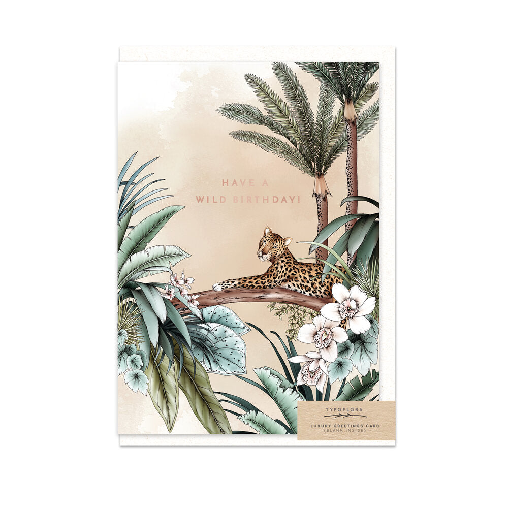 Typoflora card fearuting a 'Happy birthday' message, wild animals and plants on the front