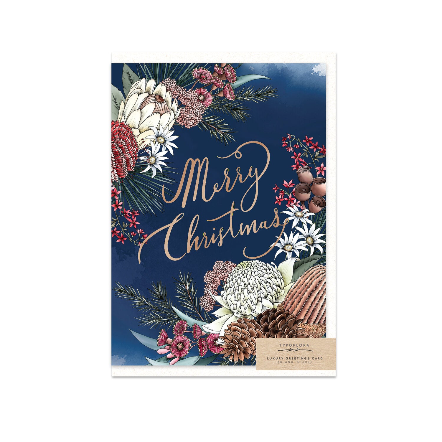 Typoflora card featuring a 'Merry Christmas' message and festive florals on the front