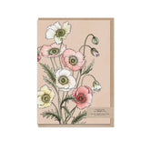 Typoflora card featuring pink and white poppies against peach, printed on the front