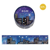 BGM washi tape with a night cityscape and shooting stars