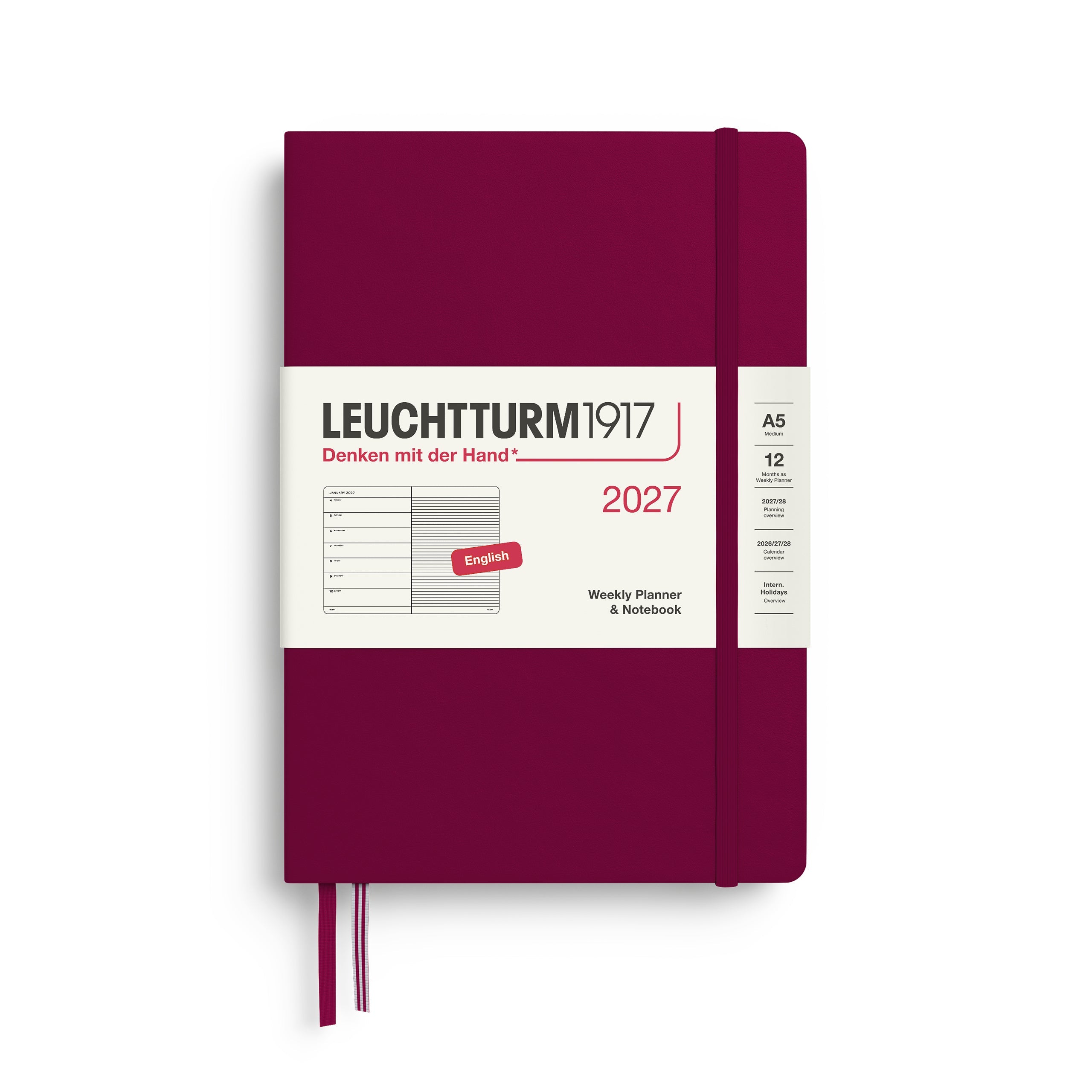 Leuchtturm1917 2027 A5 Port Red Weekly Notebook diary, hardcover
